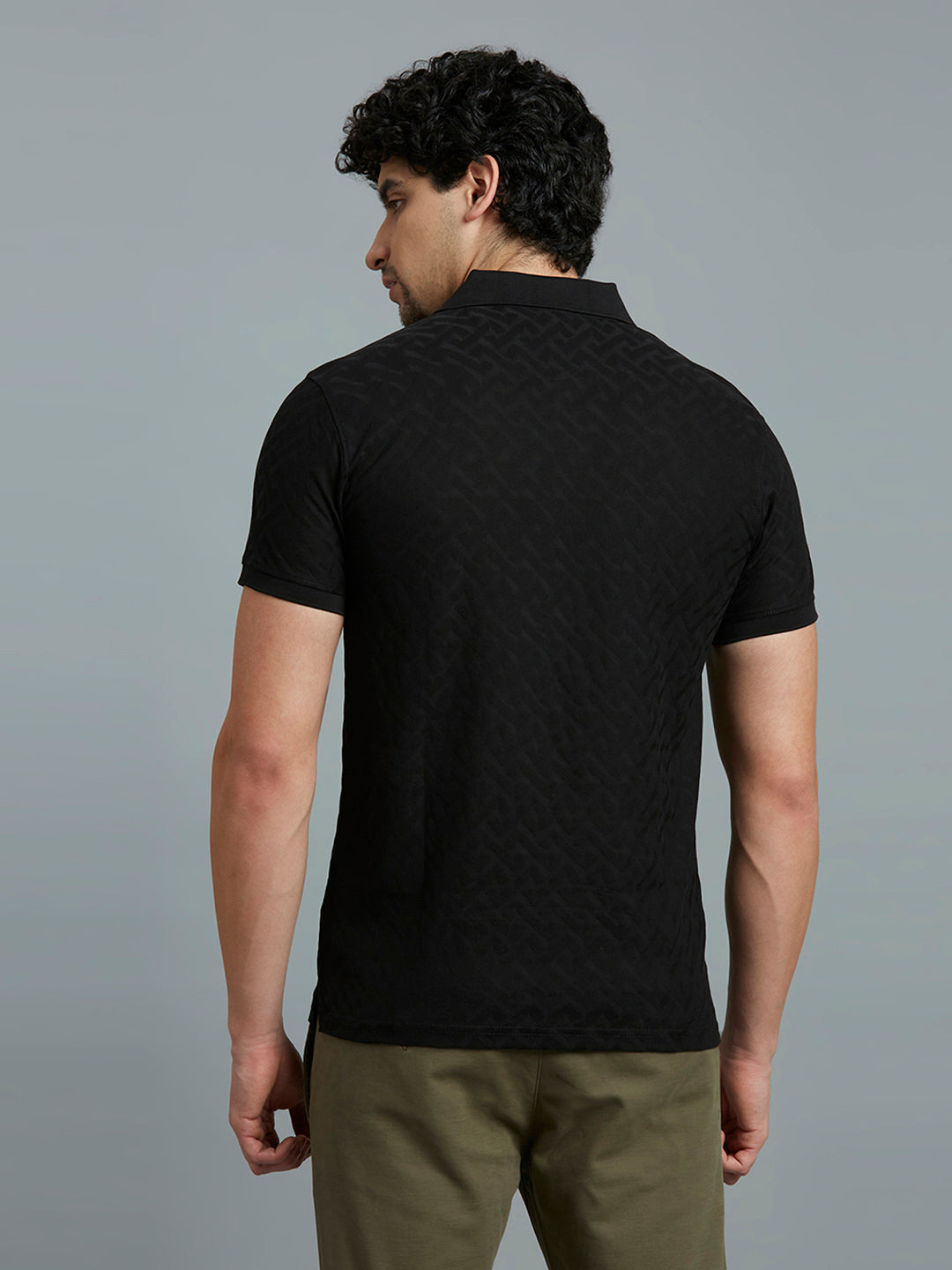 Black Jacquard 100% Cotton Slim Fit Casual Half Sleeve T-Shirt