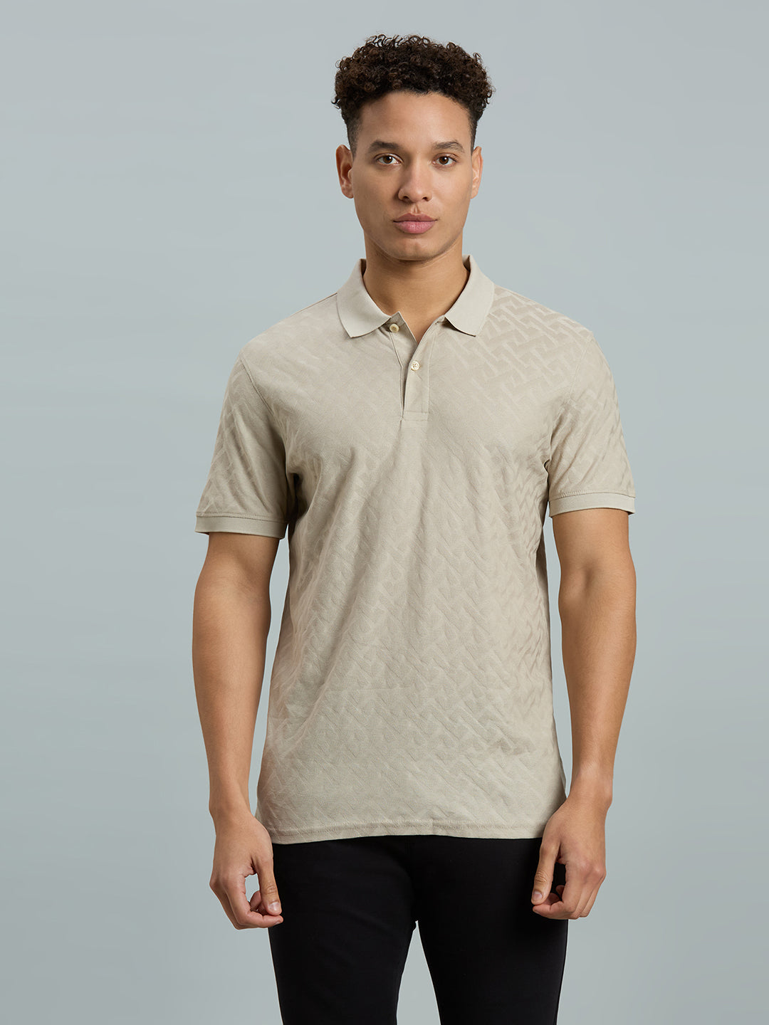 Cream Jacquard 100% Cotton Slim Fit Casual Half Sleeve T-Shirt