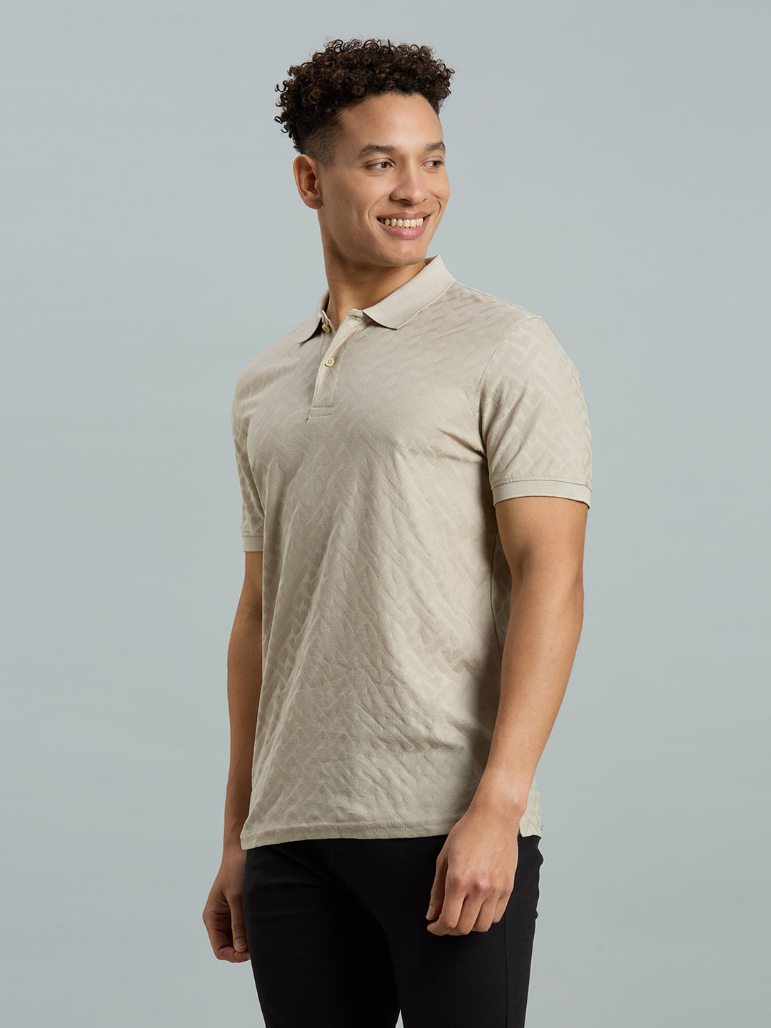 Cream Jacquard 100% Cotton Slim Fit Casual Half Sleeve T-Shirt