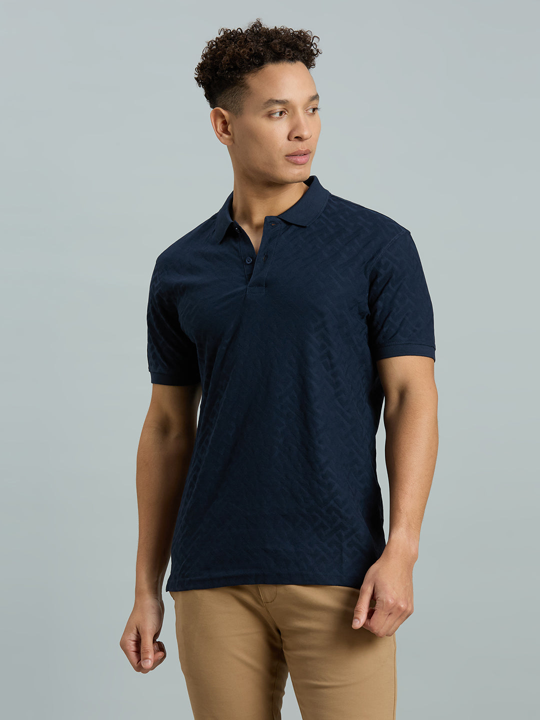 Navy Jacquard 100% Cotton Slim Fit Casual Half Sleeve T-Shirt