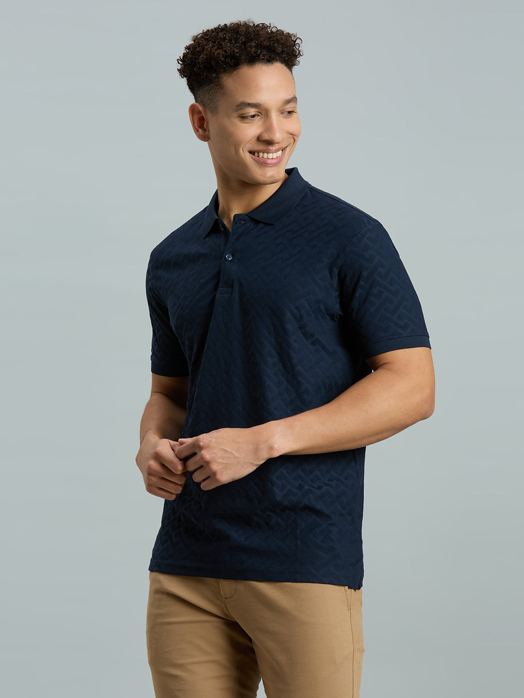 Navy Jacquard 100% Cotton Slim Fit Casual Half Sleeve T-Shirt