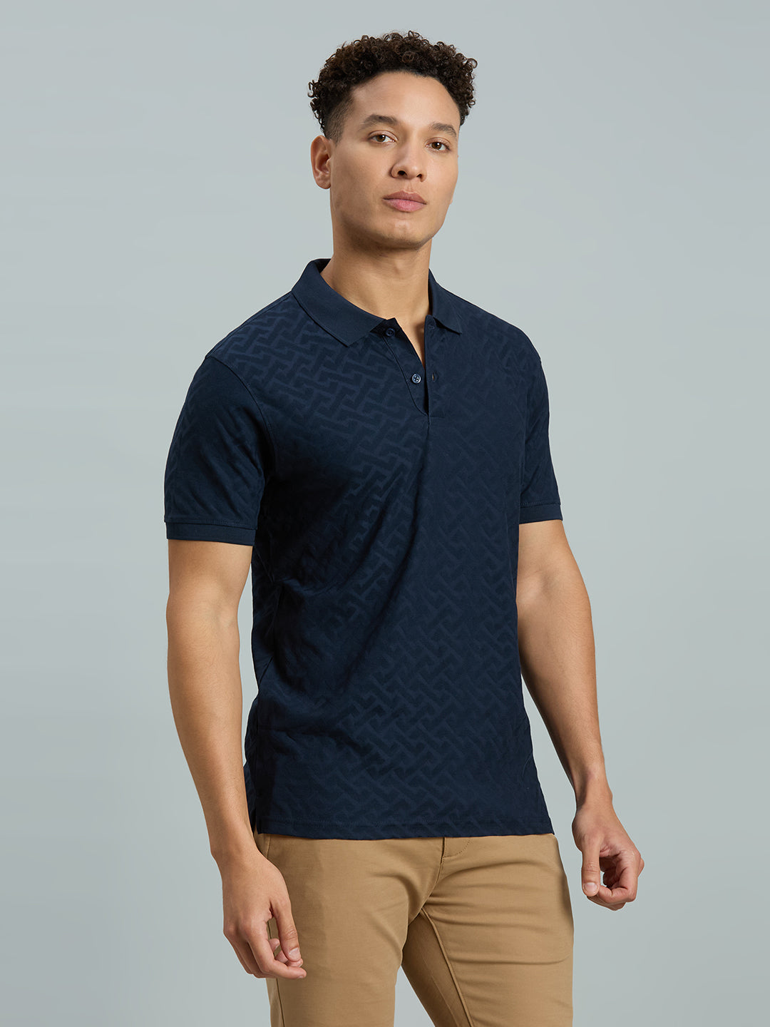 Navy Jacquard 100% Cotton Slim Fit Casual Half Sleeve T-Shirt