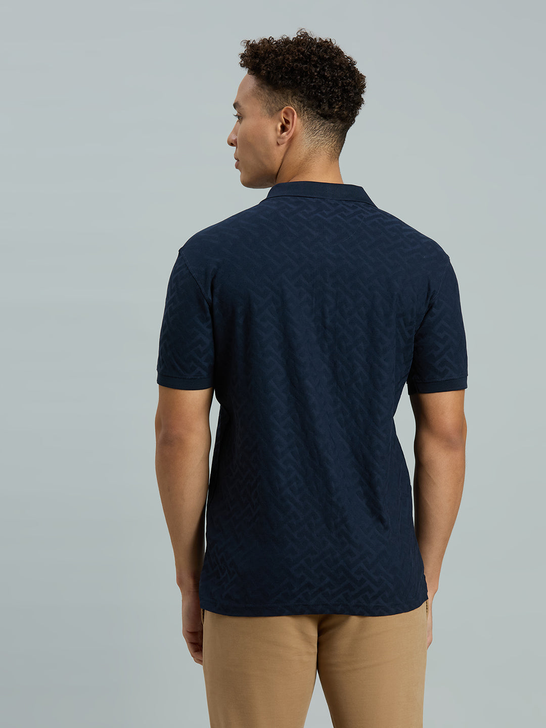 Navy Jacquard 100% Cotton Slim Fit Casual Half Sleeve T-Shirt