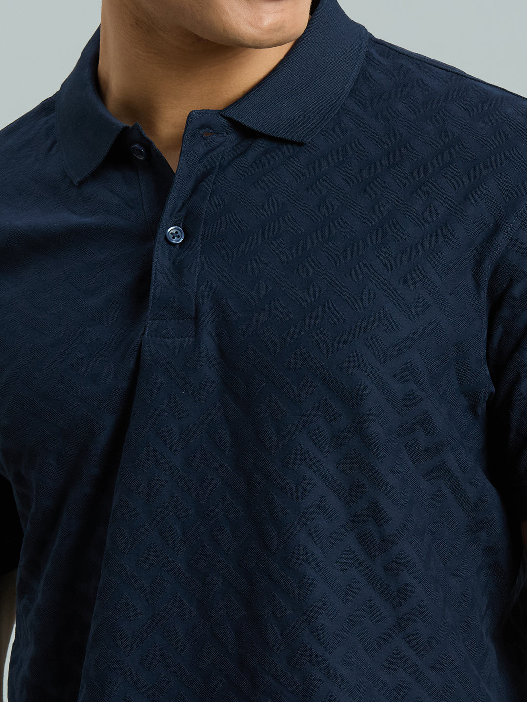 Navy Jacquard 100% Cotton Slim Fit Casual Half Sleeve T-Shirt