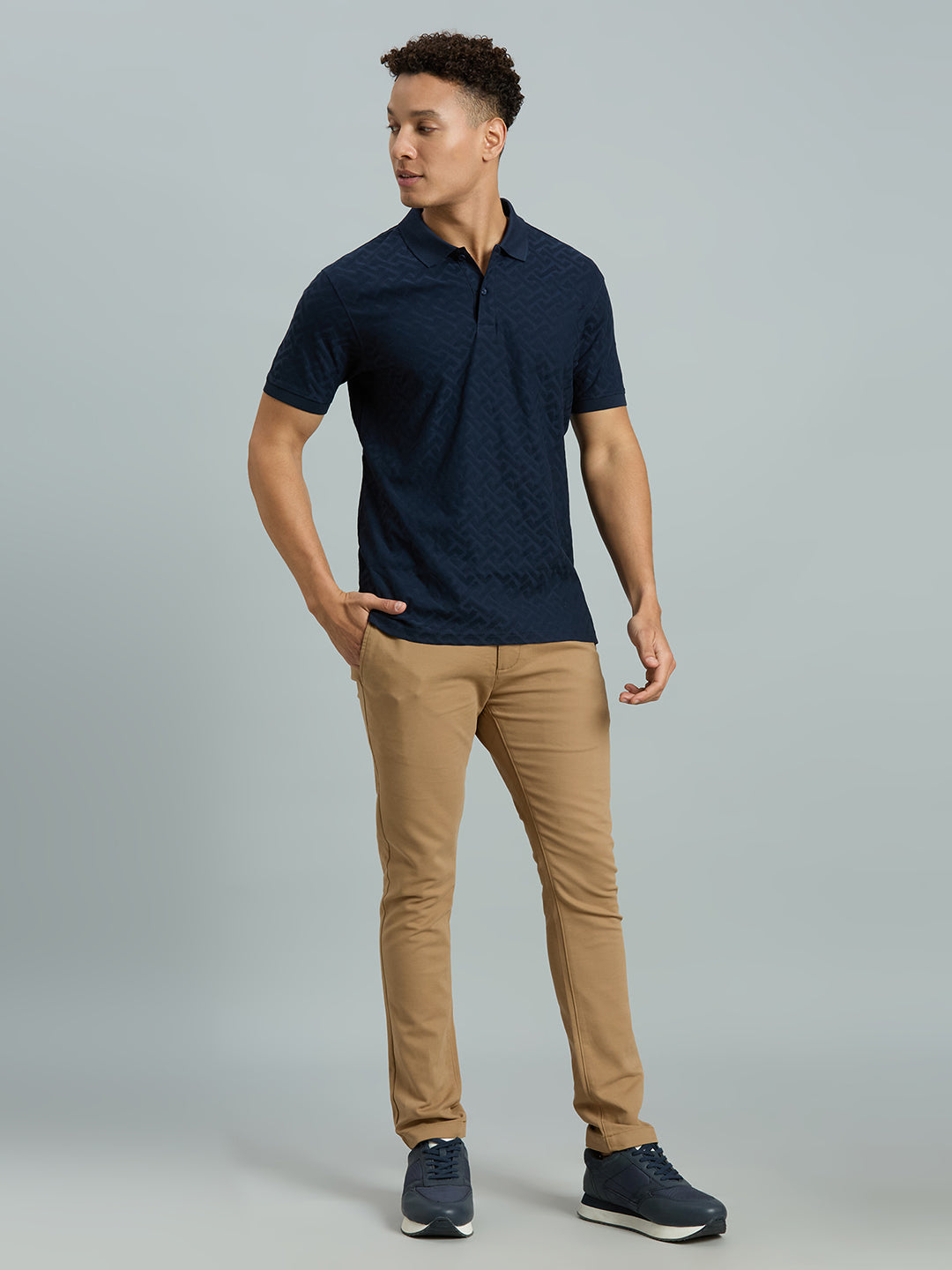 Navy Jacquard 100% Cotton Slim Fit Casual Half Sleeve T-Shirt