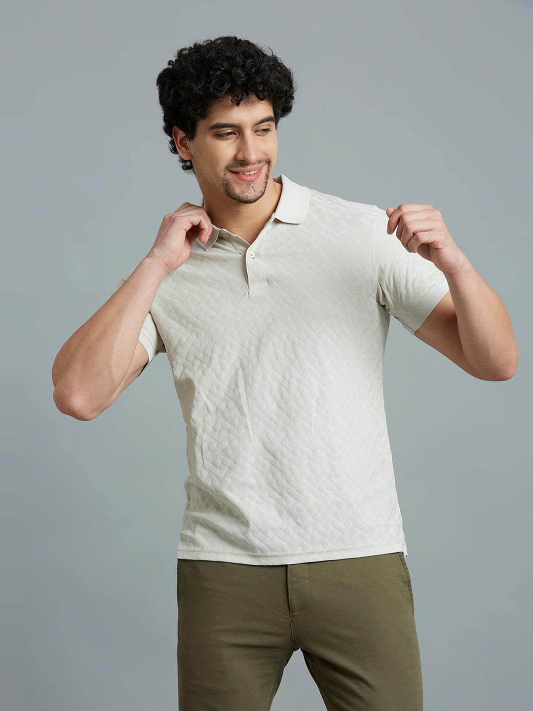 Oyster Jacquard 100% Cotton Slim Fit Casual Half Sleeve T-Shirt