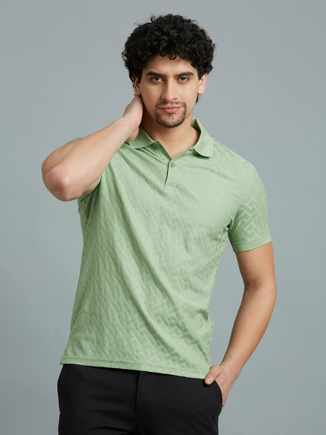 Saga Green Jacquard 100% Cotton Slim Fit Casual Half Sleeve T-Shirt