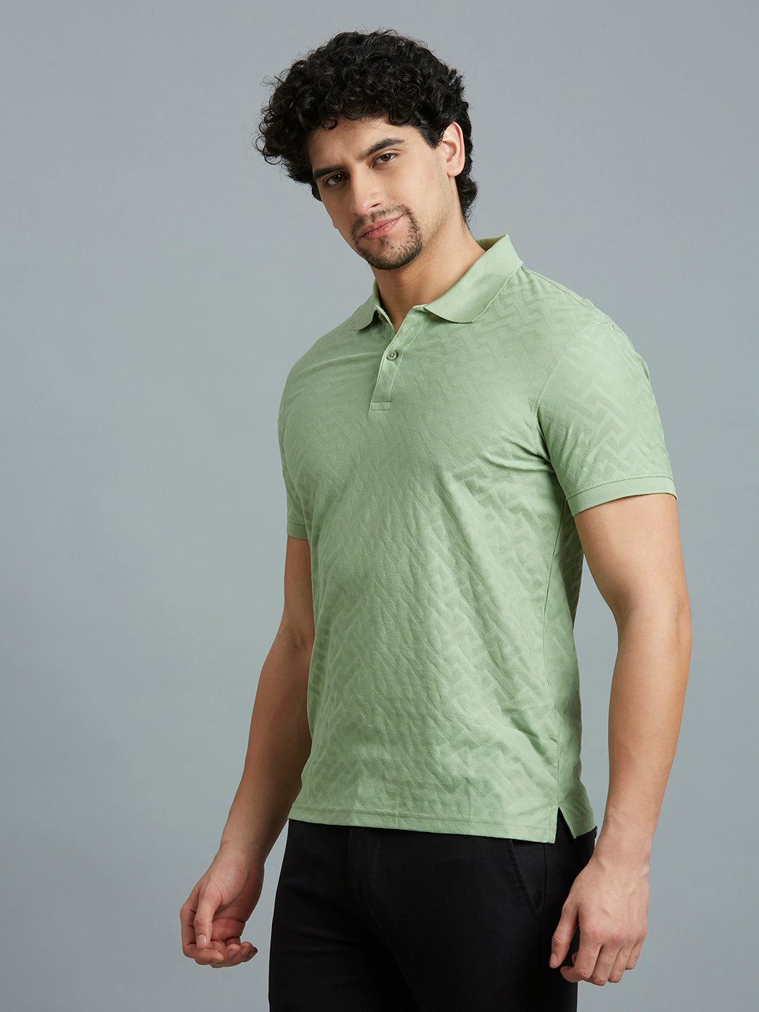 Saga Green Jacquard 100% Cotton Slim Fit Casual Half Sleeve T-Shirt