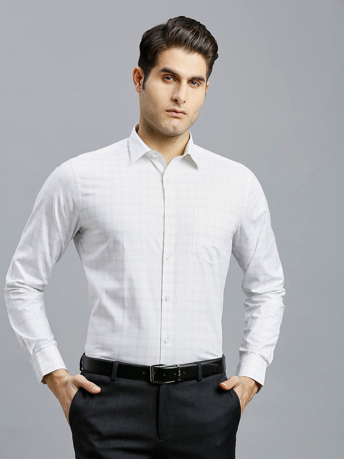 Men's Pure Cotton Dobby Checks Dobby Checks Regular Fit Full Sleeve Formal Shirt - White & Grey