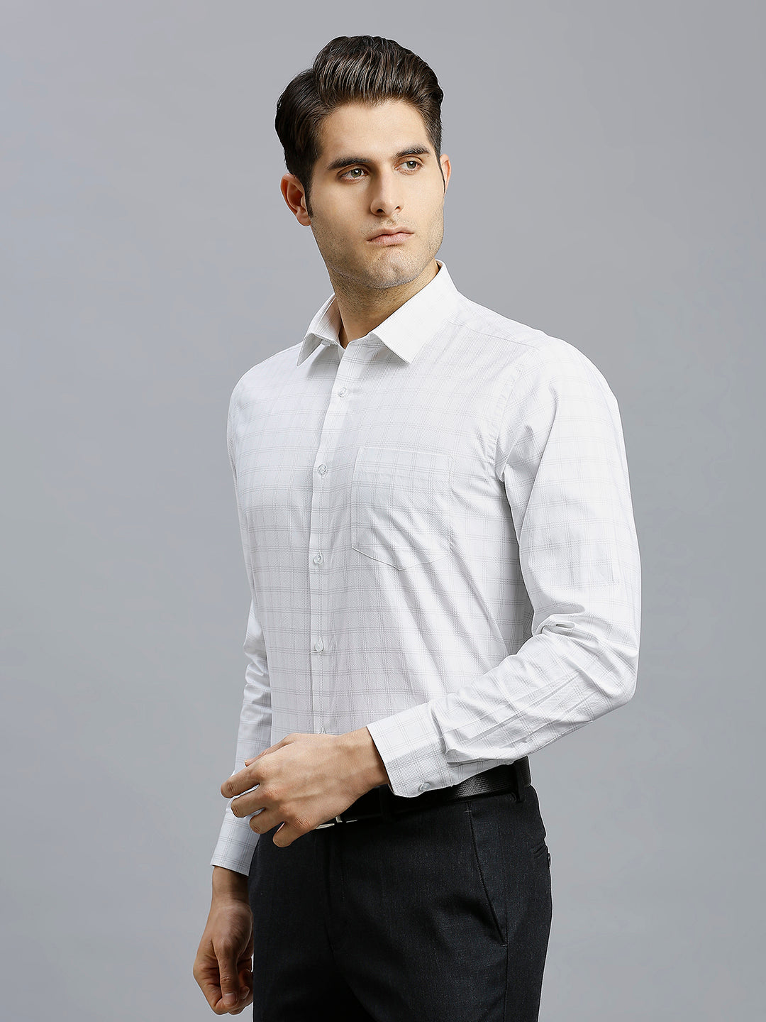 White & Grey Dobby Checks 100% Cotton Regular Fit Formal Full Sleeve Shirts