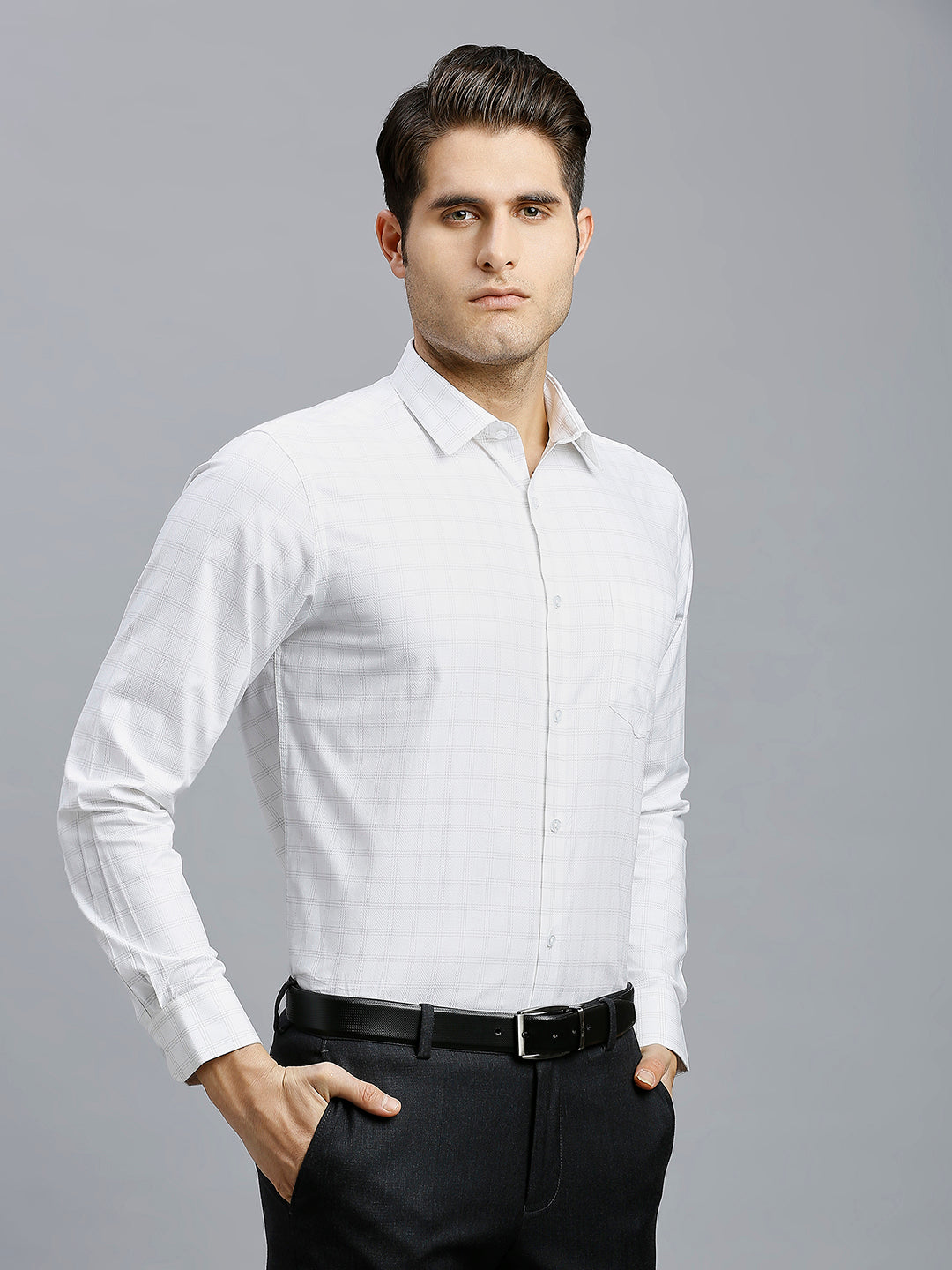 White & Grey Dobby Checks 100% Cotton Regular Fit Formal Full Sleeve Shirts