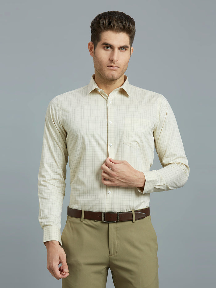 Men's Pure Cotton Checks Regular Fit Full Sleeve Formal Shirt - Yellow & Green