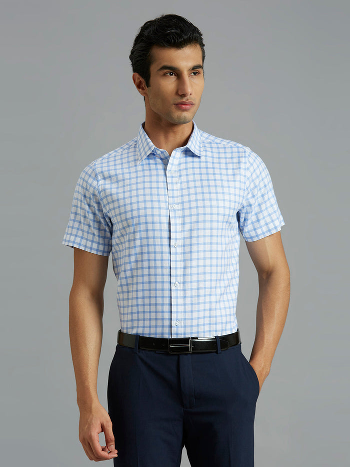 Men's Pure Cotton Checks Slim Fit Half Sleeve Formal Shirt - White & Blue