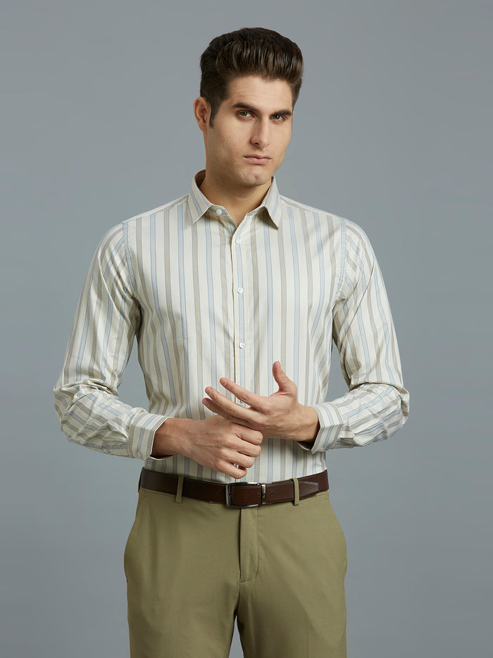 Men's Pure Cotton Stripe Slim Fit Full Sleeve Formal Shirt - White & Brown