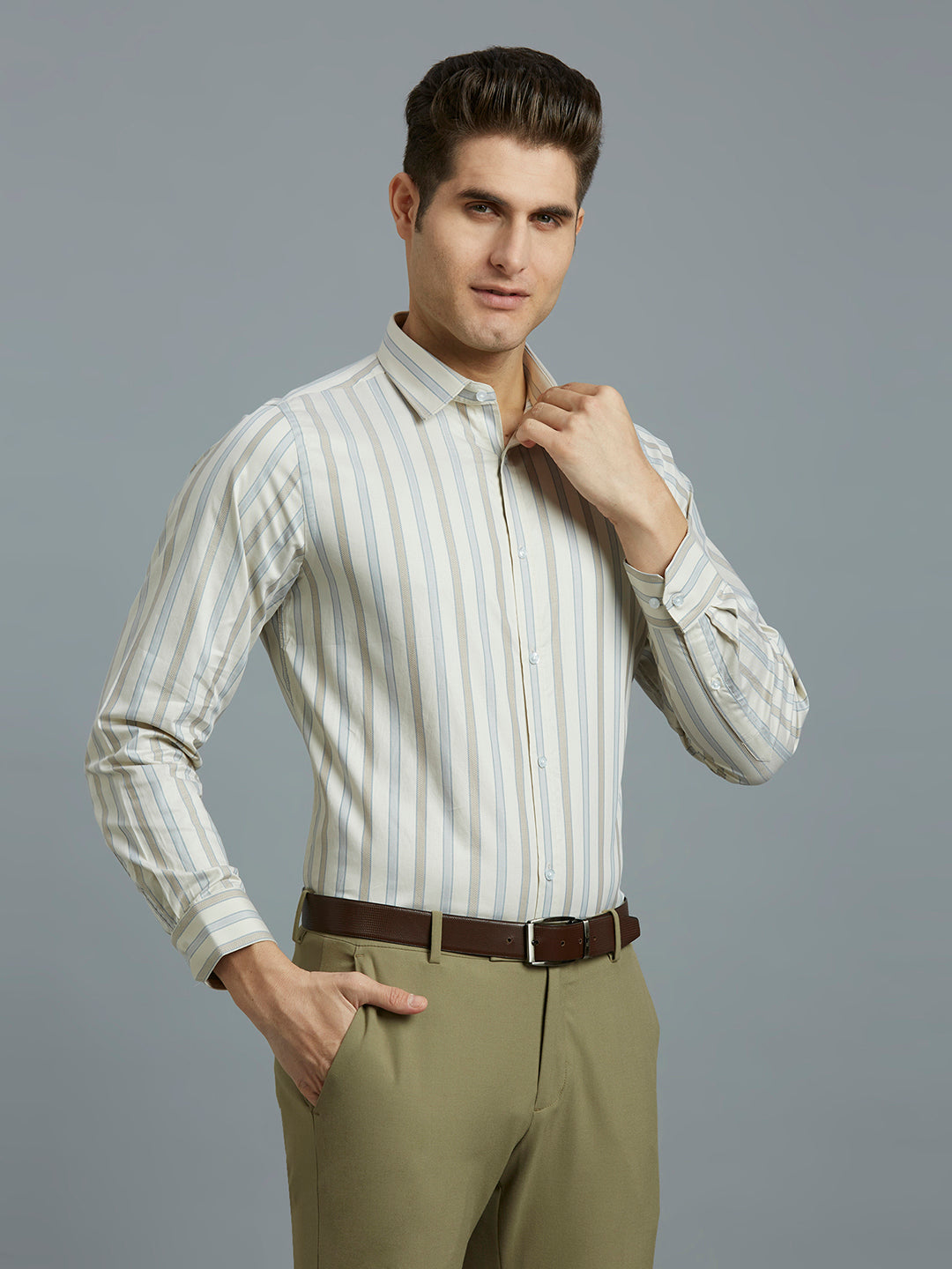 Brown & Grey Stripe 100% Cotton Slim Fit Formal Full Sleeve Shirt