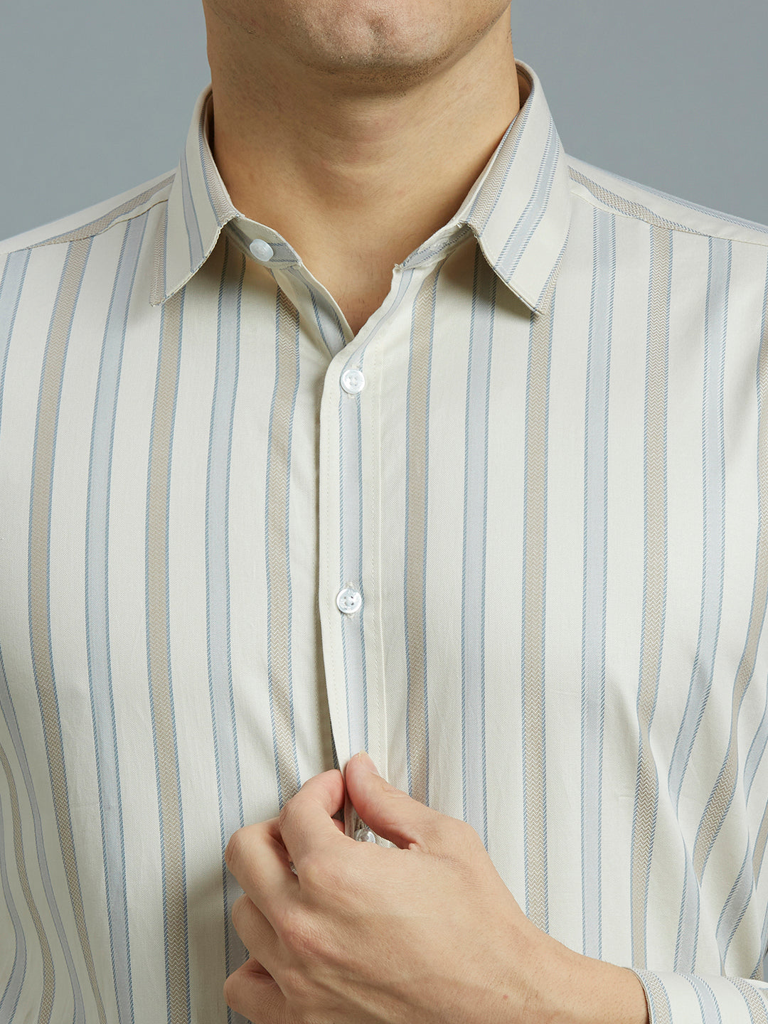 Brown & Grey Stripe 100% Cotton Slim Fit Formal Full Sleeve Shirt