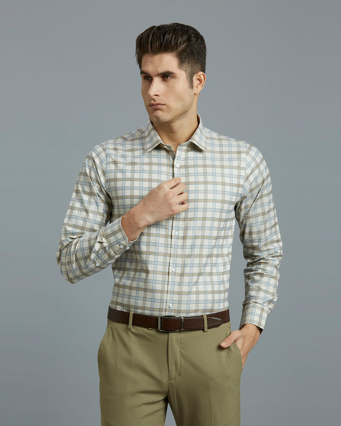 Men's Pure Cotton Checks Slim Fit Full Sleeve Formal Shirt - White & Brown