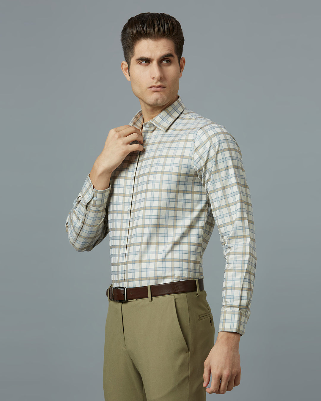 Brown & Grey Checks 100% Cotton Slim Fit Formal Full Sleeve Shirts