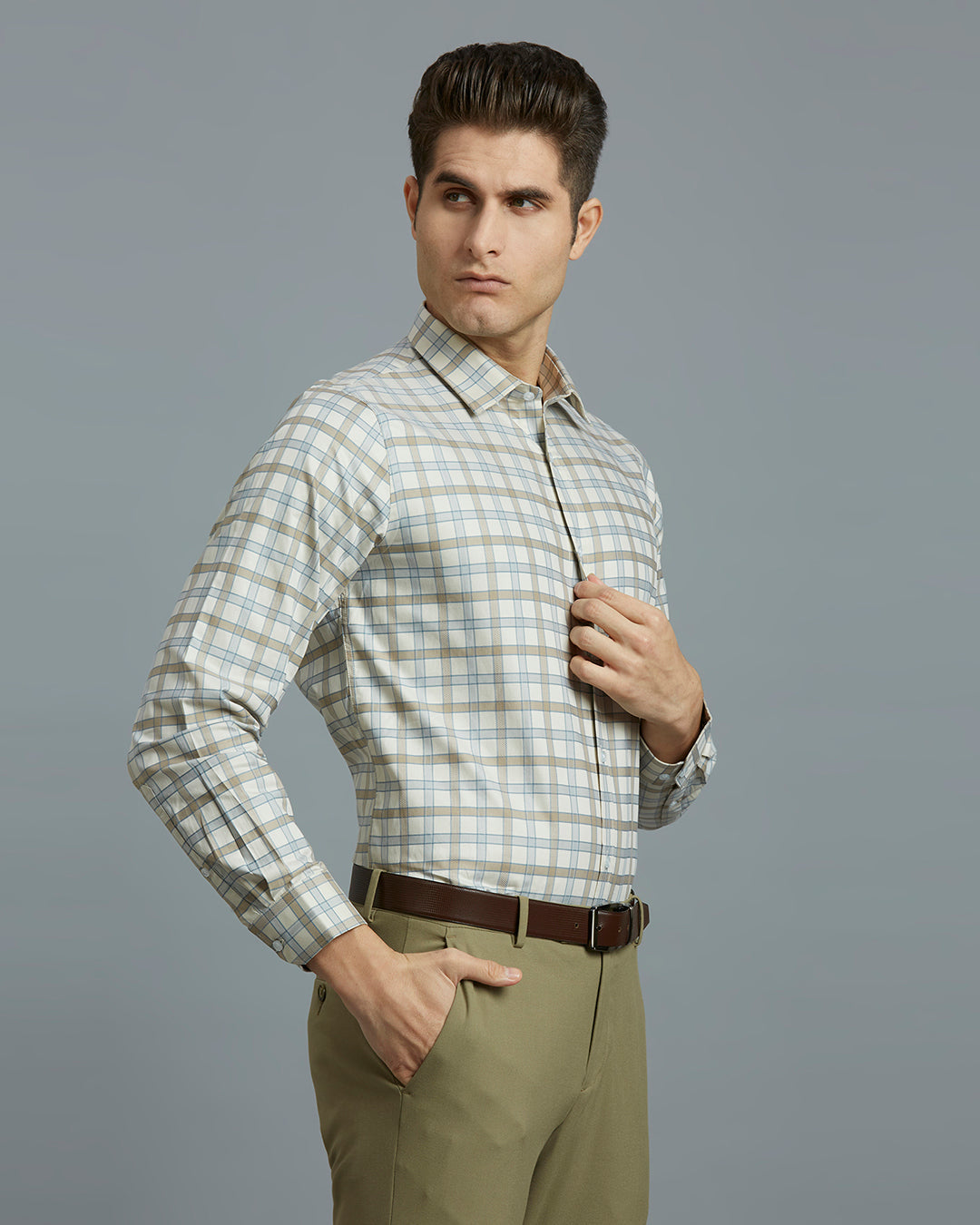 Brown & Grey Checks 100% Cotton Slim Fit Formal Full Sleeve Shirts