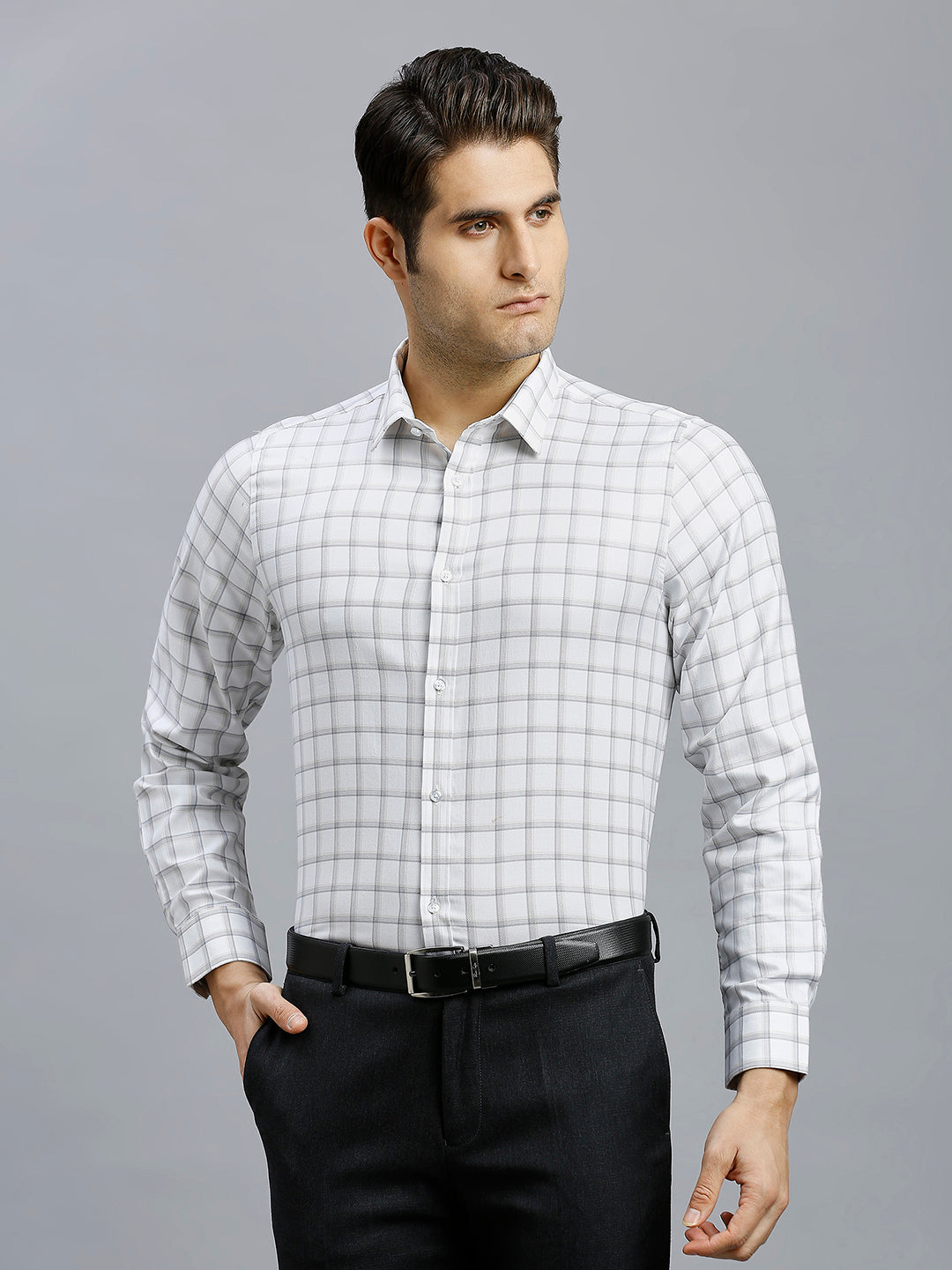 Beige & Grey Dobby Checks 100% Cotton Slim Fit Formal Full Sleeve Shirts