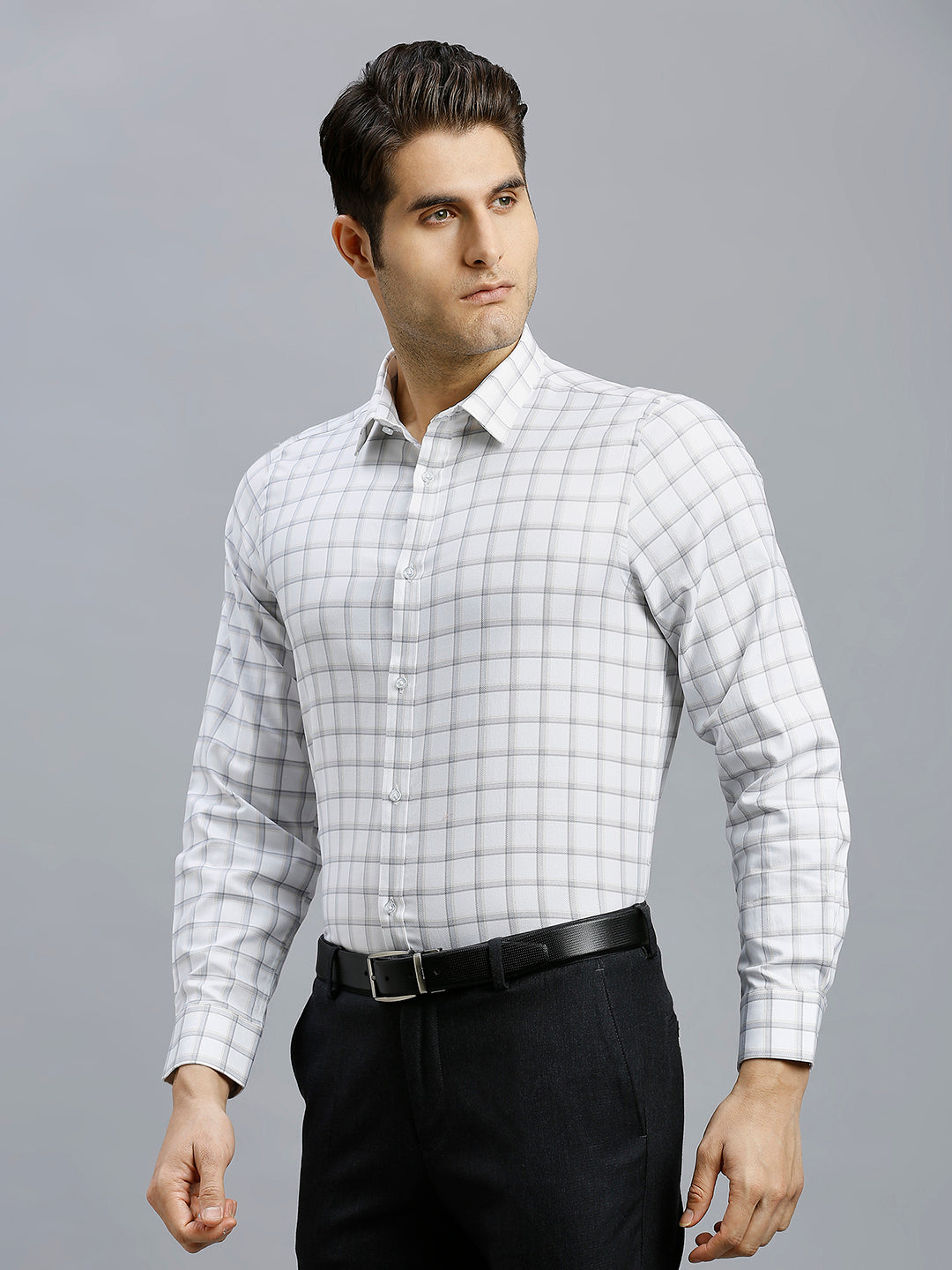 Beige & Grey Dobby Checks 100% Cotton Slim Fit Formal Full Sleeve Shirts