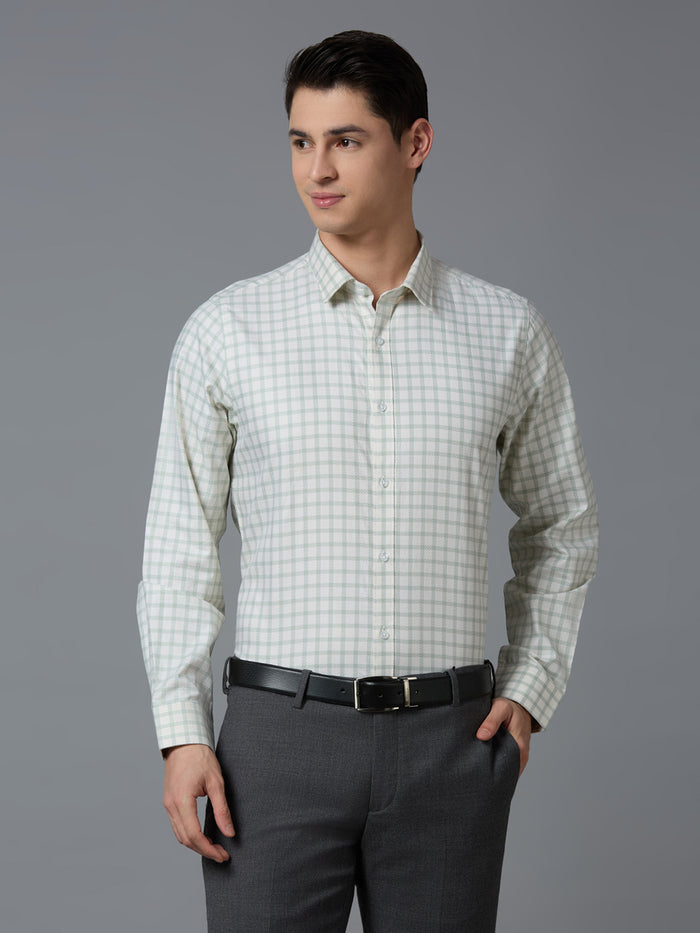 Men's Pure Cotton Dobby Checks Dobby Checks Slim Fit Full Sleeve Formal Shirt - White & Beige