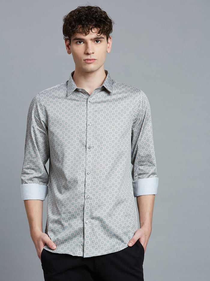 Men's Pure Cotton Printed Printed Slim Fit Full Sleeve Casual Shirt - Grey