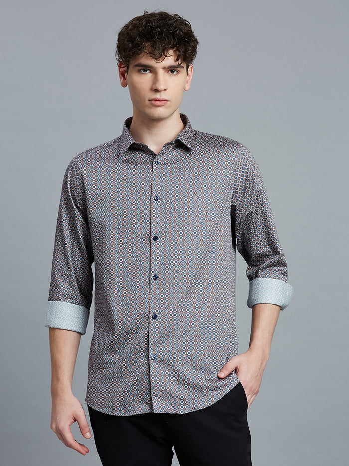 Men's Pure Cotton Printed Printed Slim Fit Full Sleeve Casual Shirt - White & Blue