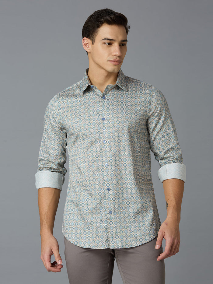 Men's Pure Cotton Printed Printed Slim Fit Full Sleeve Casual Shirt - White & Blue