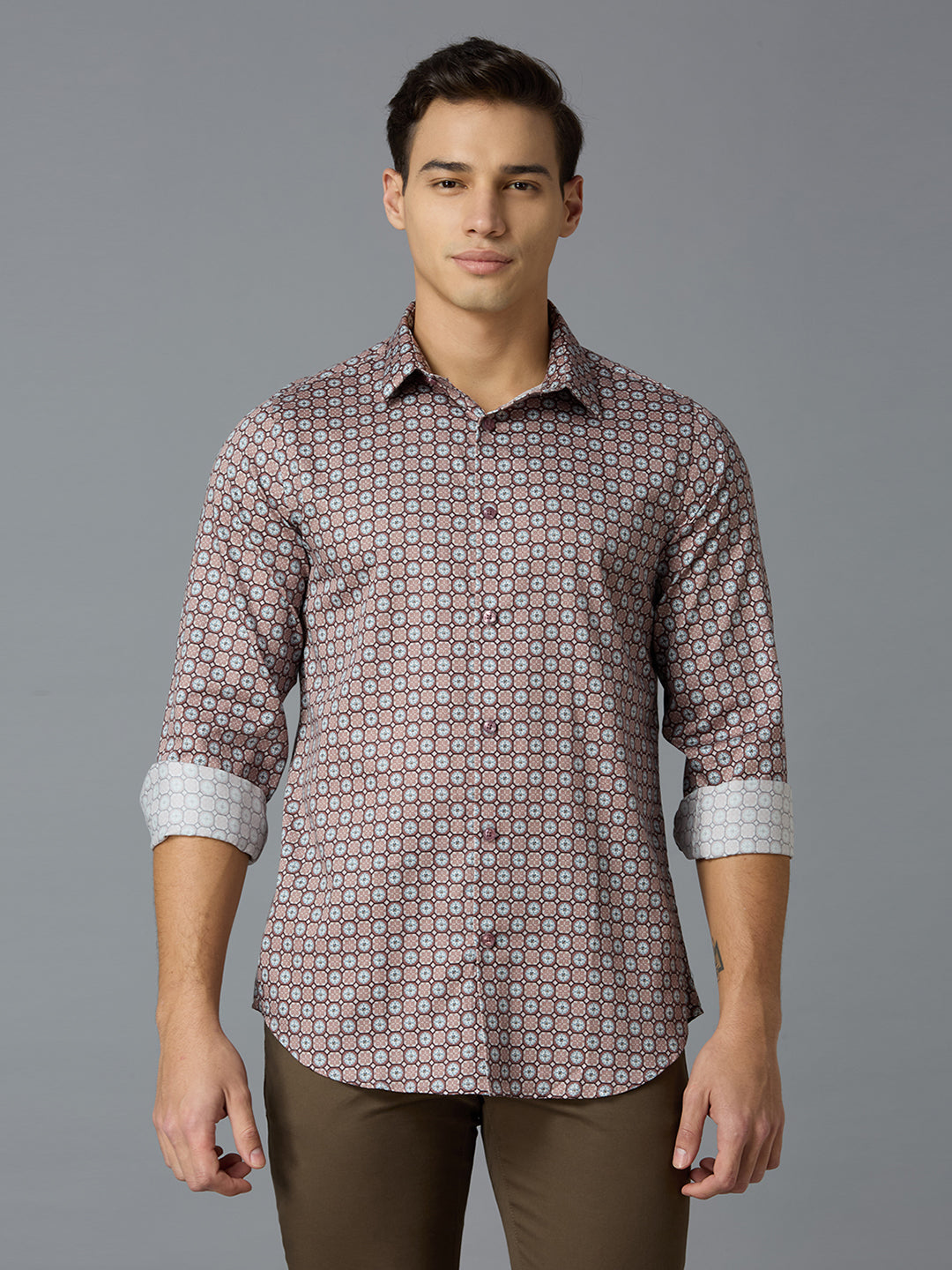 Maroon Printed 100% Cotton Slim Fit Casual Full Sleeve Shirt