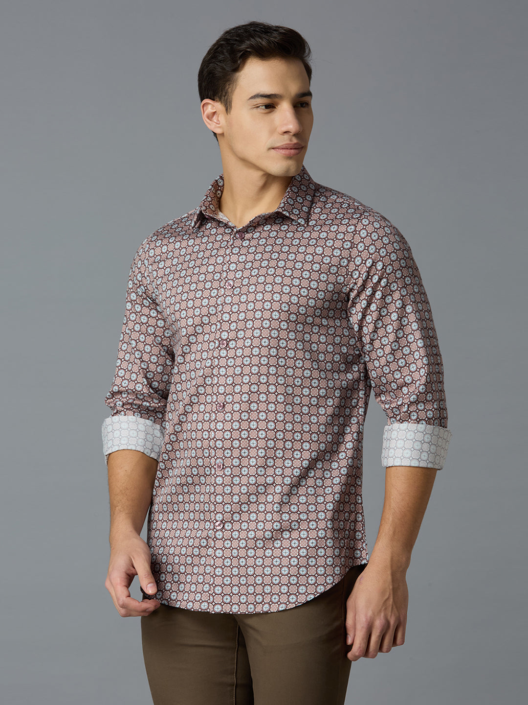 Maroon Printed 100% Cotton Slim Fit Casual Full Sleeve Shirt