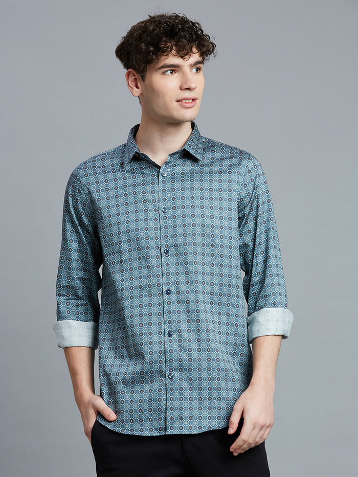 Men's Pure Cotton Printed Slim Fit Full Sleeve Casual Shirt - Blue