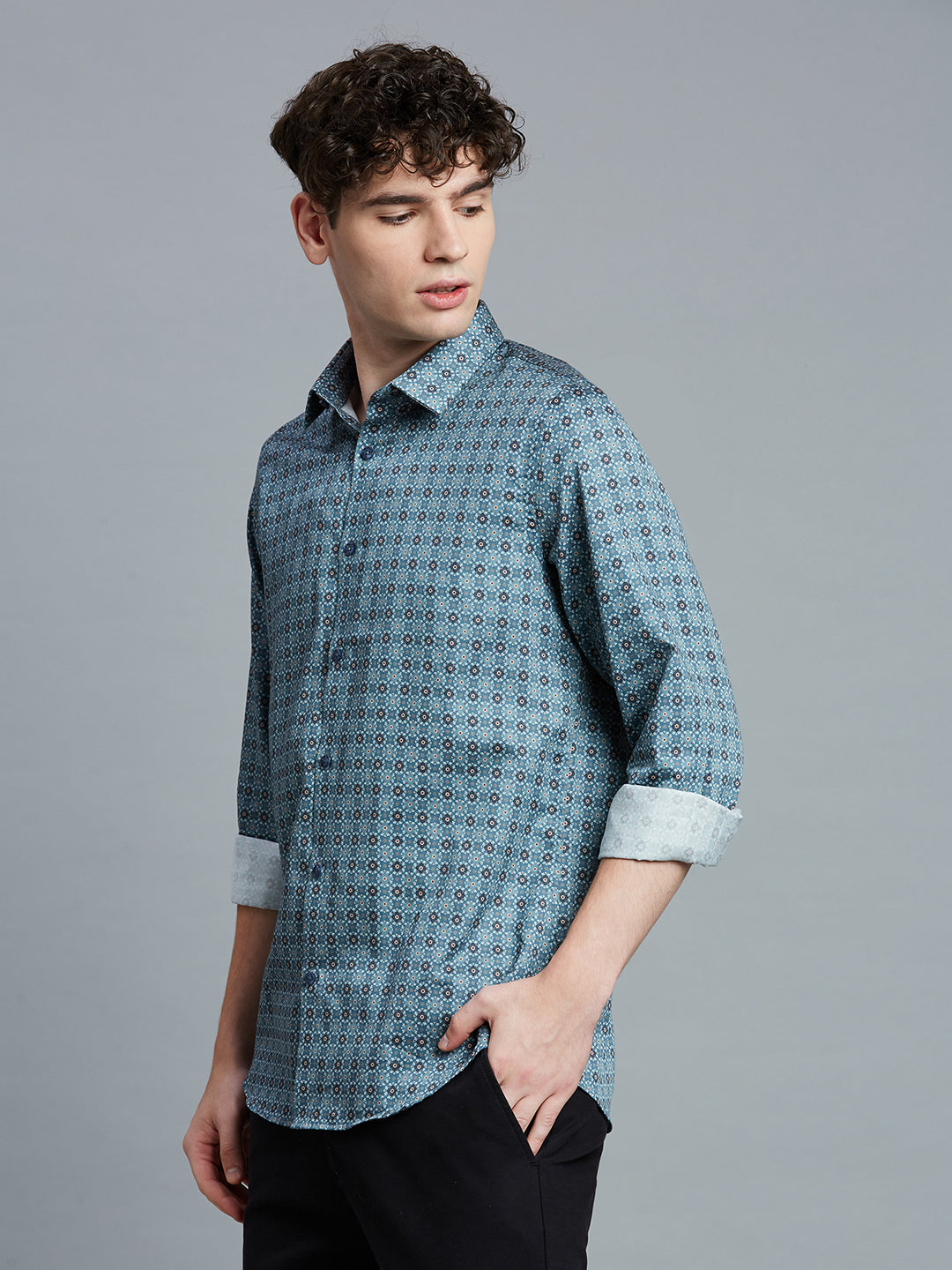 Blue Printed 100% Cotton Slim Fit Casual Full Sleeve Shirt