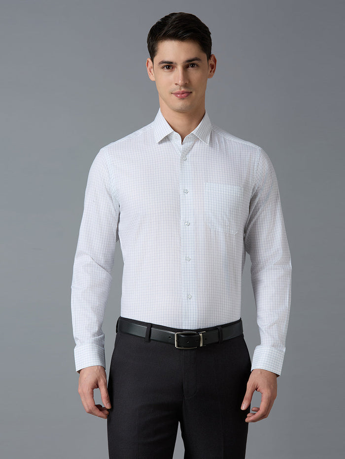 Men's Pure Cotton Checks Regular Fit Full Sleeve Formal Shirt - White & Blue