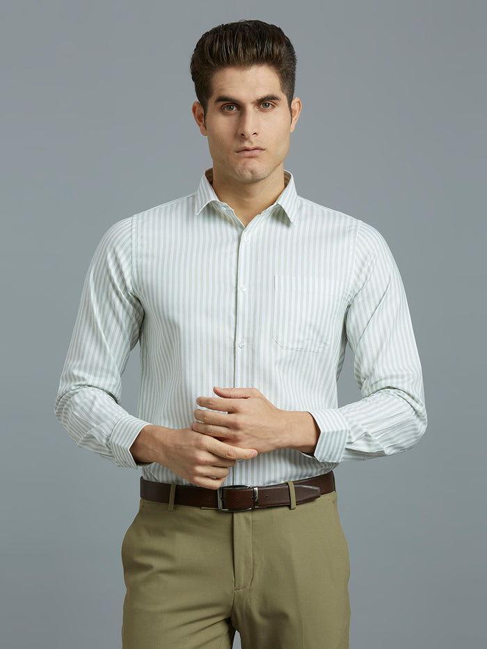 Men's Pure Cotton Dobby Stripe Dobby Stripe Slim Fit Full Sleeve Formal Shirt - White & Green
