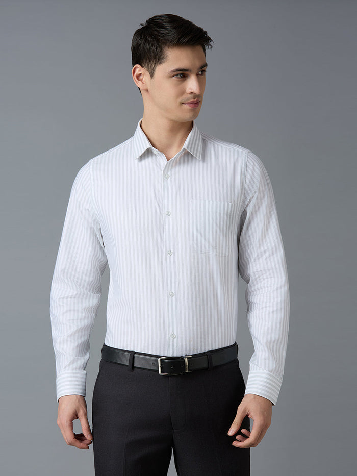 Men's Pure Cotton Dobby Stripe Dobby Stripe Slim Fit Full Sleeve Formal Shirt - White & Grey