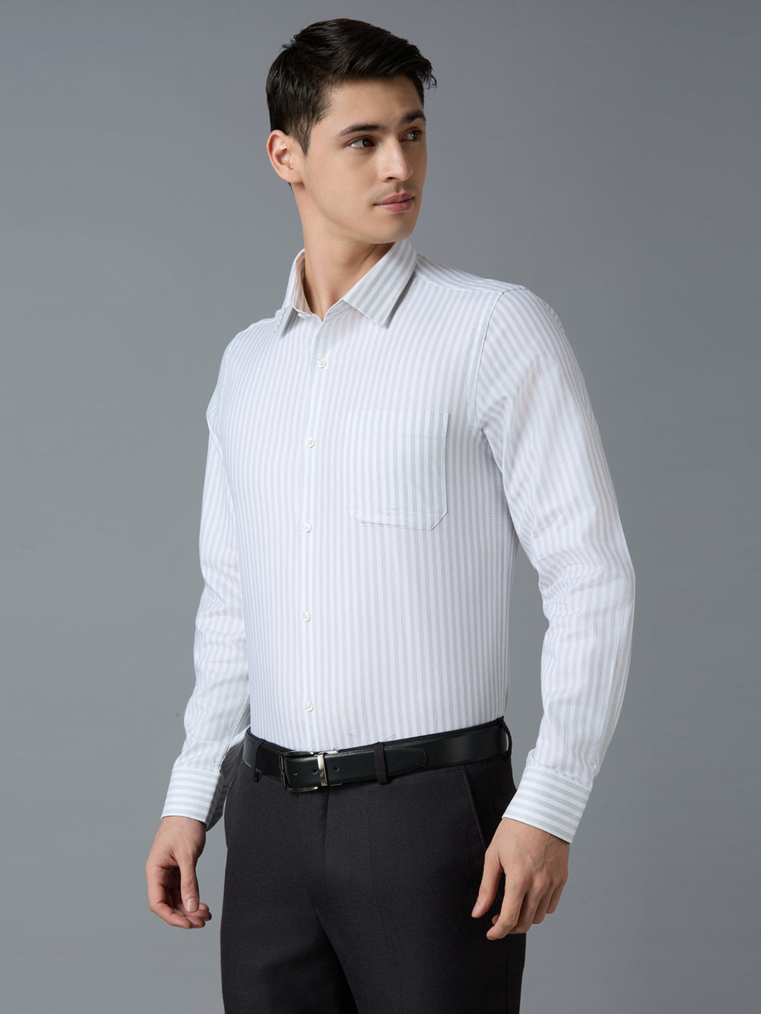 White & Grey Dobby Stripe 100% Cotton Slim Fit Formal Full Sleeve Shirts