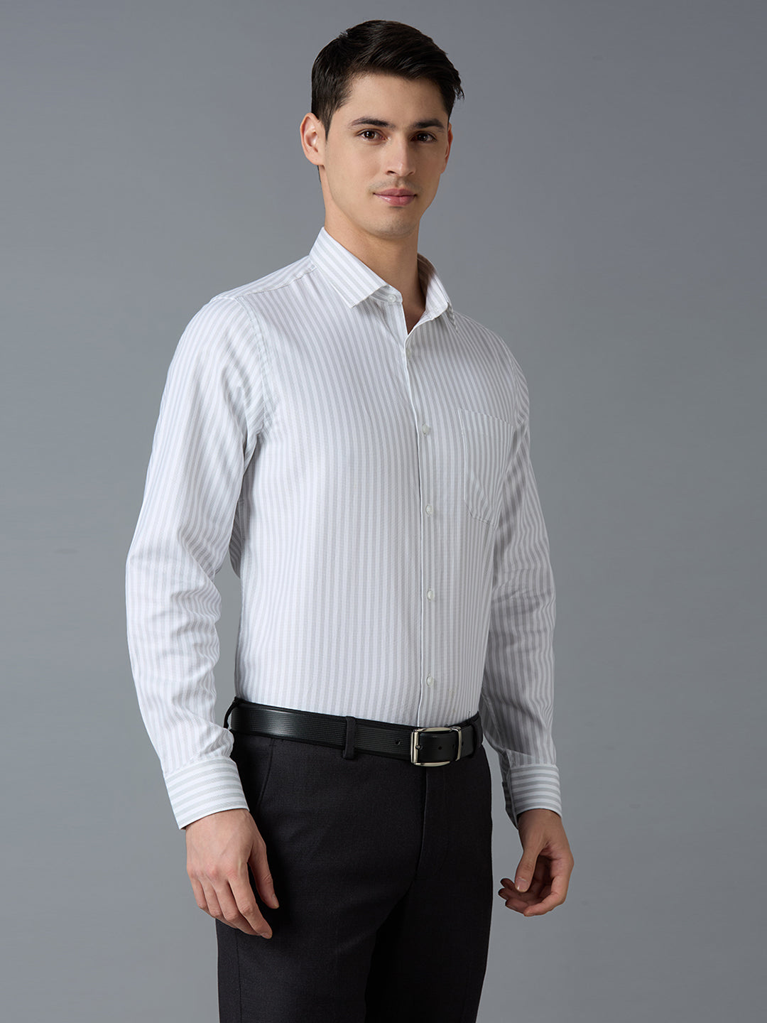 White & Grey Dobby Stripe 100% Cotton Slim Fit Formal Full Sleeve Shirts