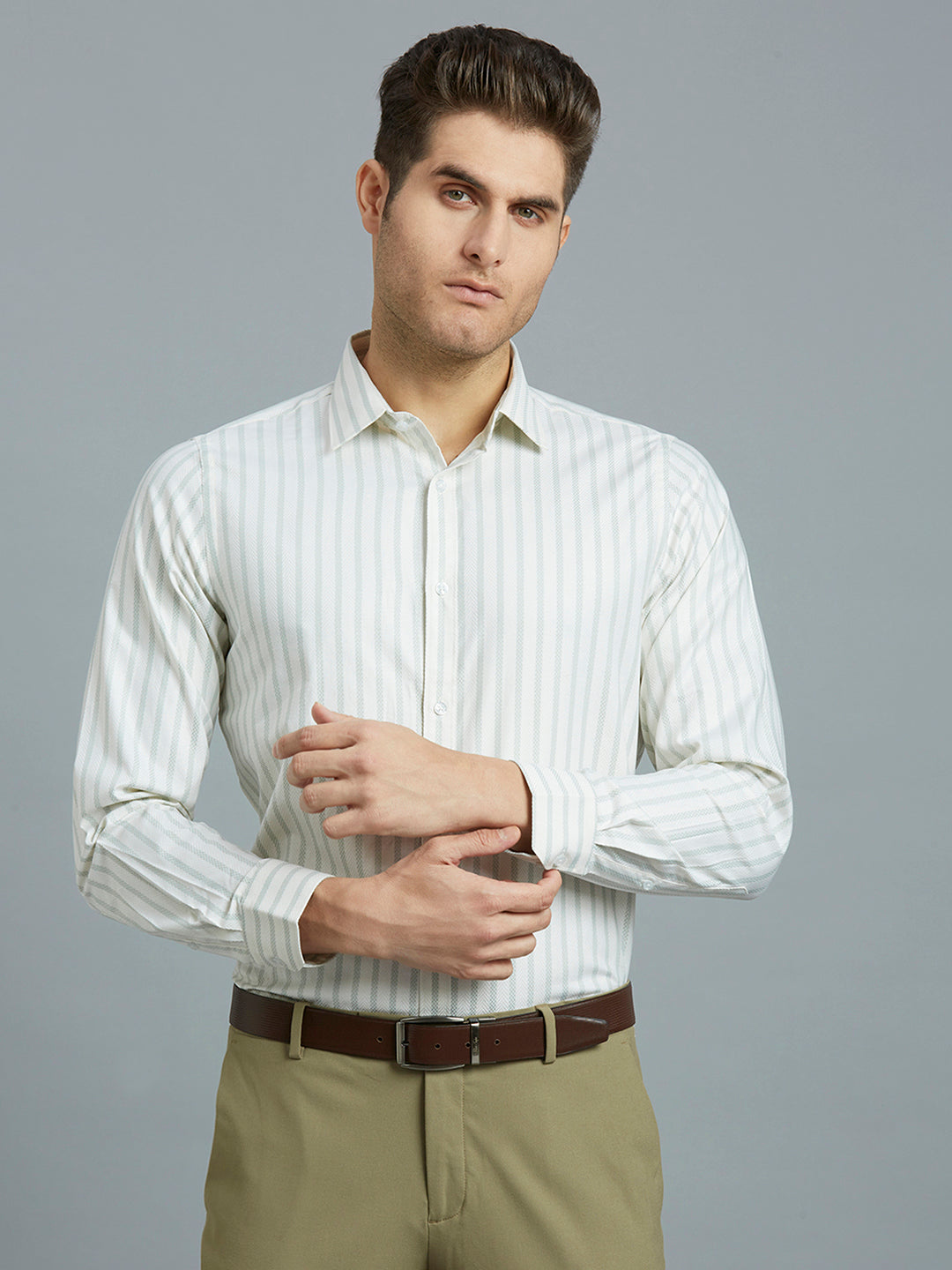 Cream & Green Dobby Checks 100% Cotton Slim Fit Formal Full Sleeve Shirt