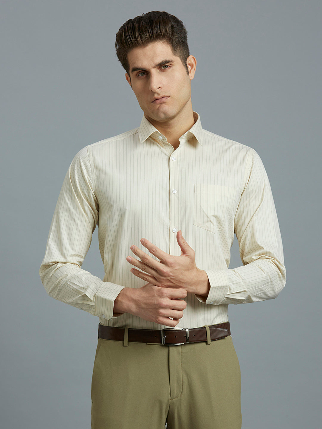 Beige & Green Stripe 100% Cotton Regular Fit Formal Full Sleeve Shirt