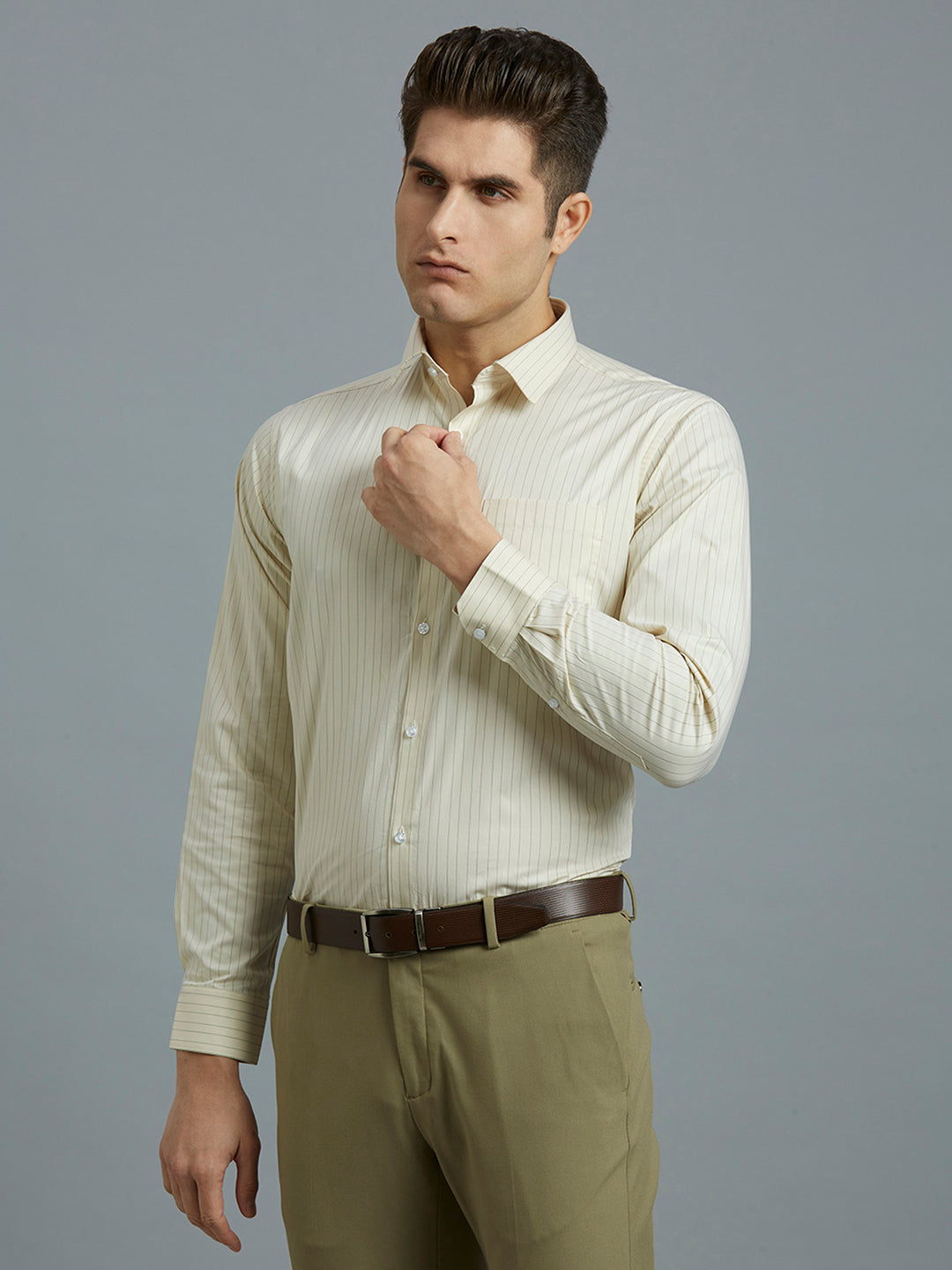 Beige & Green Stripe 100% Cotton Regular Fit Formal Full Sleeve Shirt