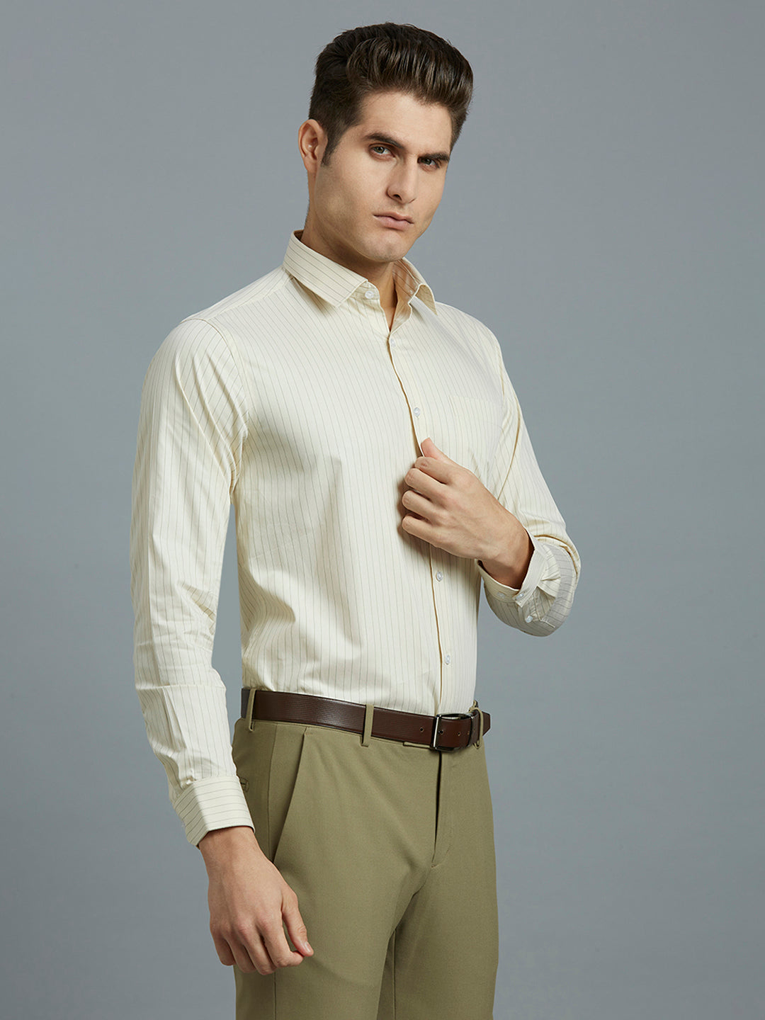Beige & Green Stripe 100% Cotton Regular Fit Formal Full Sleeve Shirt