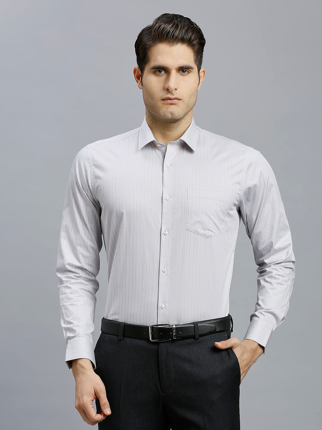 Grey & Pink Stripe 100% Cotton Regular Fit Formal Full Sleeve Shirts