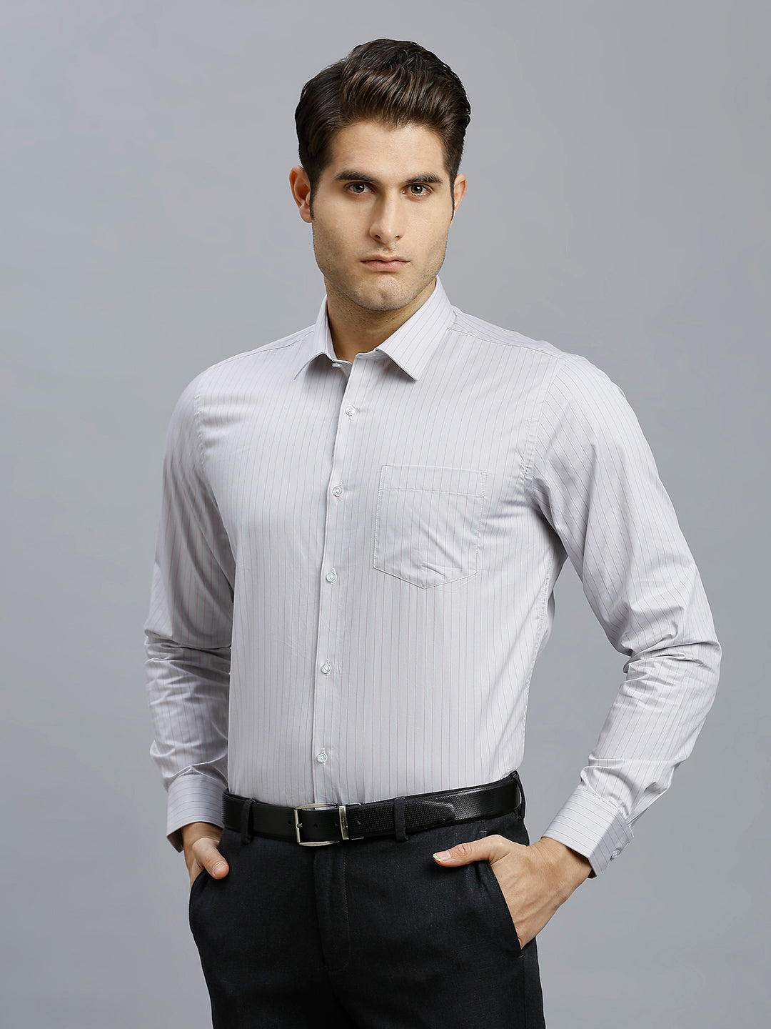 Grey & Pink Stripe 100% Cotton Regular Fit Formal Full Sleeve Shirts