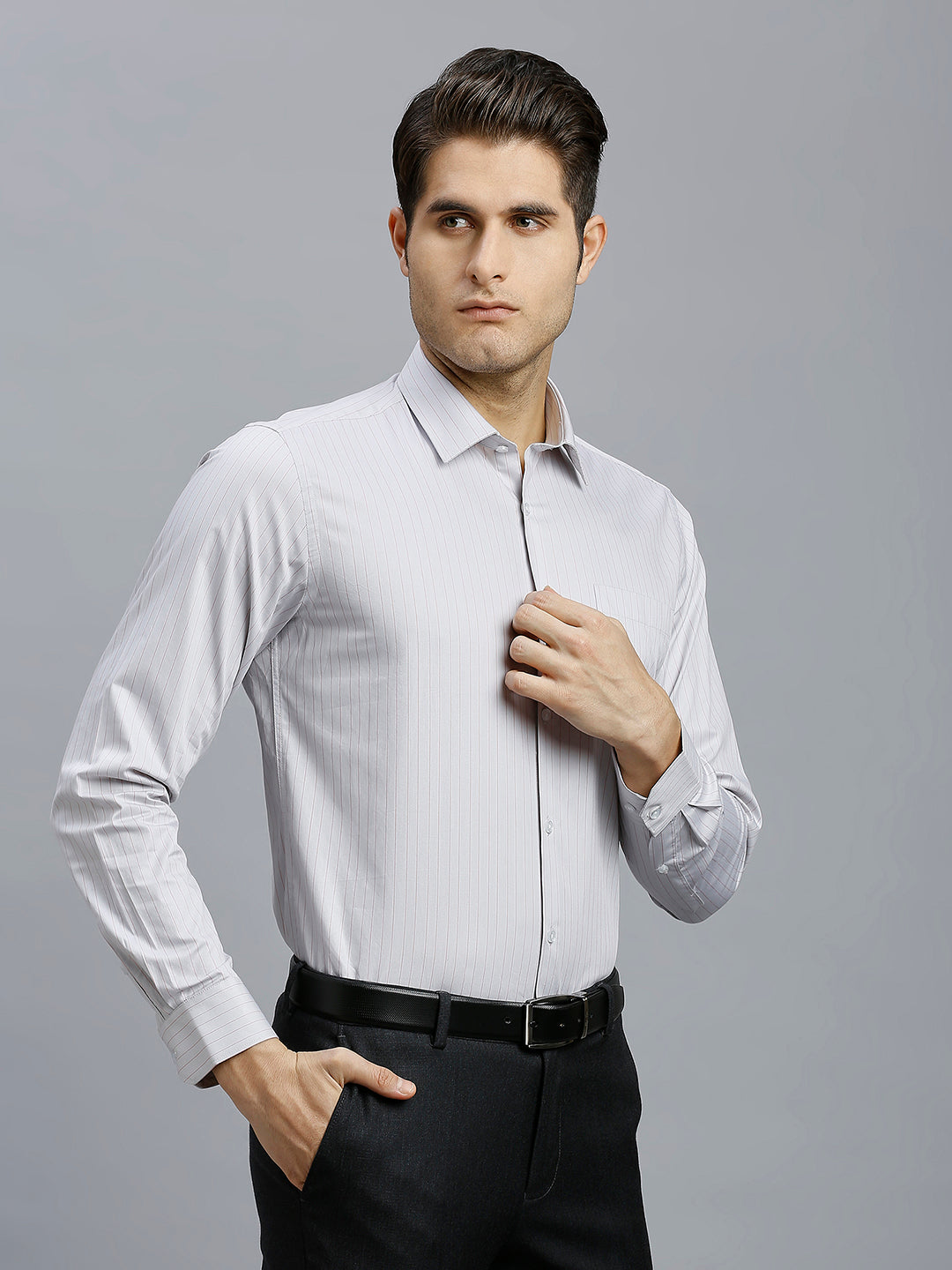 Grey & Pink Stripe 100% Cotton Regular Fit Formal Full Sleeve Shirts