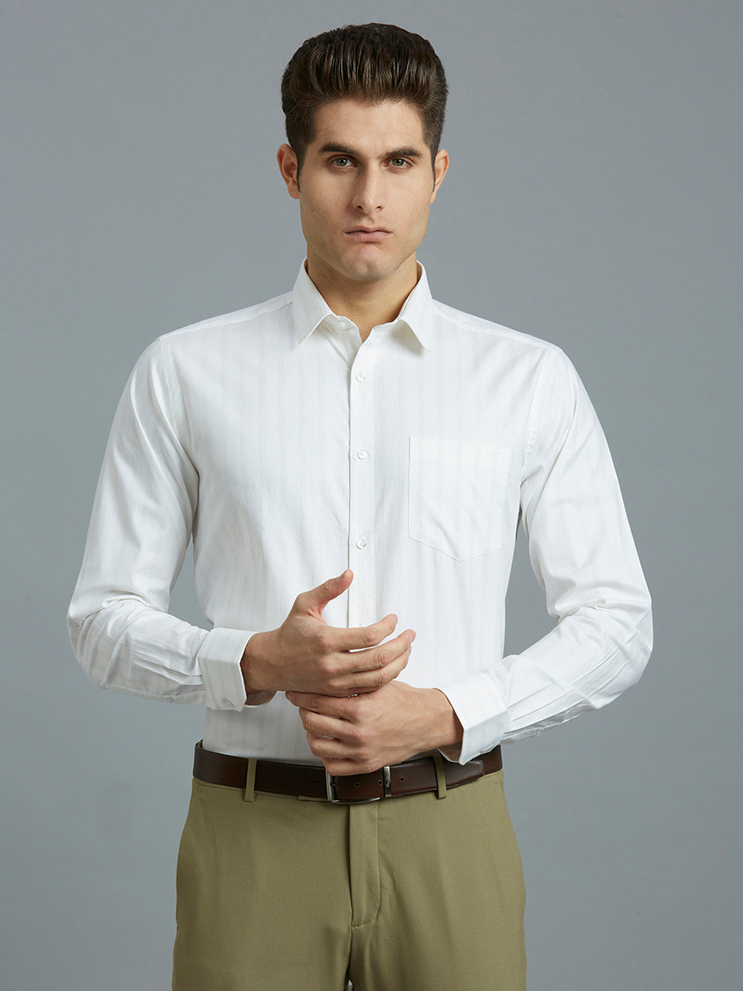 White & Beige Stripe 100% Cotton Regular Fit Formal Full Sleeve Shirt