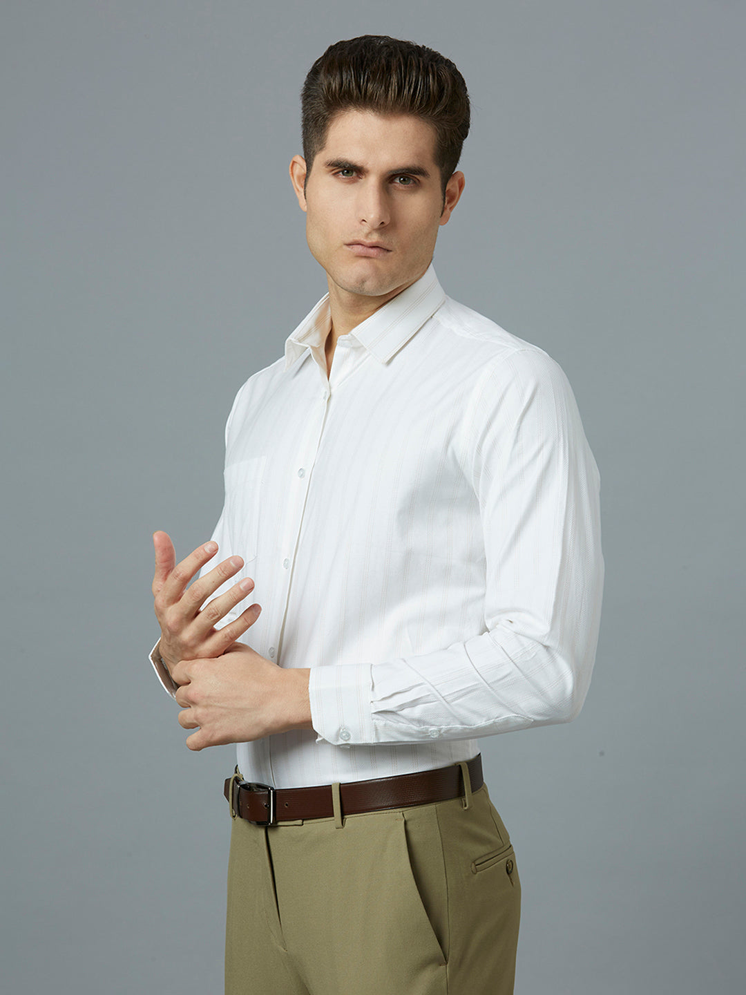 White & Beige Stripe 100% Cotton Regular Fit Formal Full Sleeve Shirt