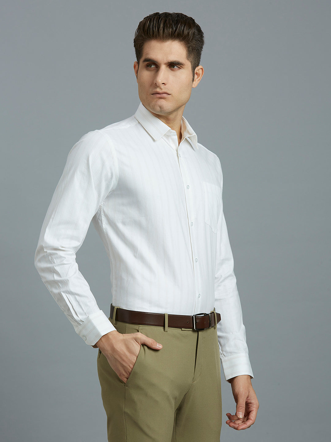 White & Beige Stripe 100% Cotton Regular Fit Formal Full Sleeve Shirt