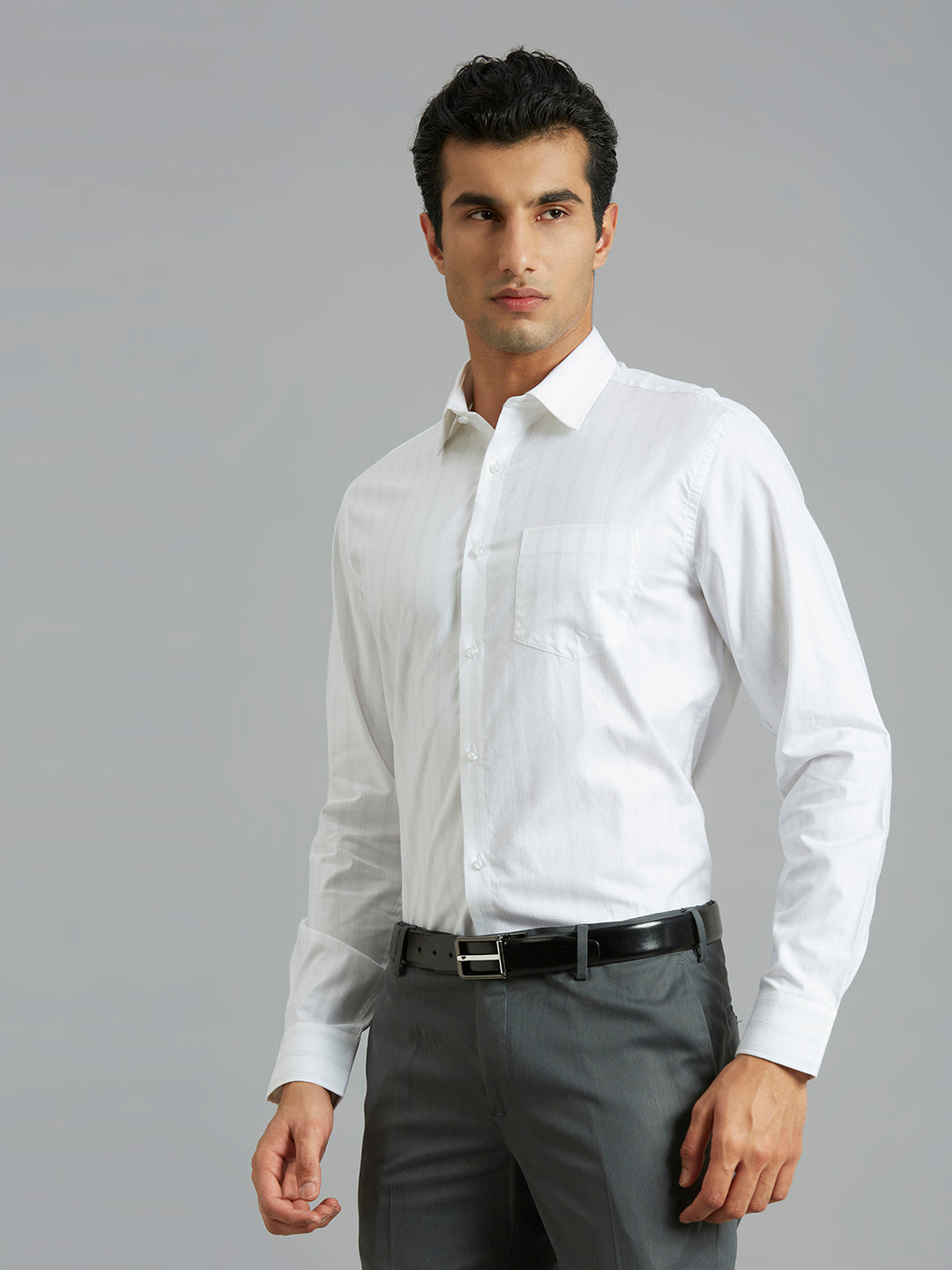 White & Grey Stripe 100% Cotton Regular Fit Formal Full Sleeve Shirt