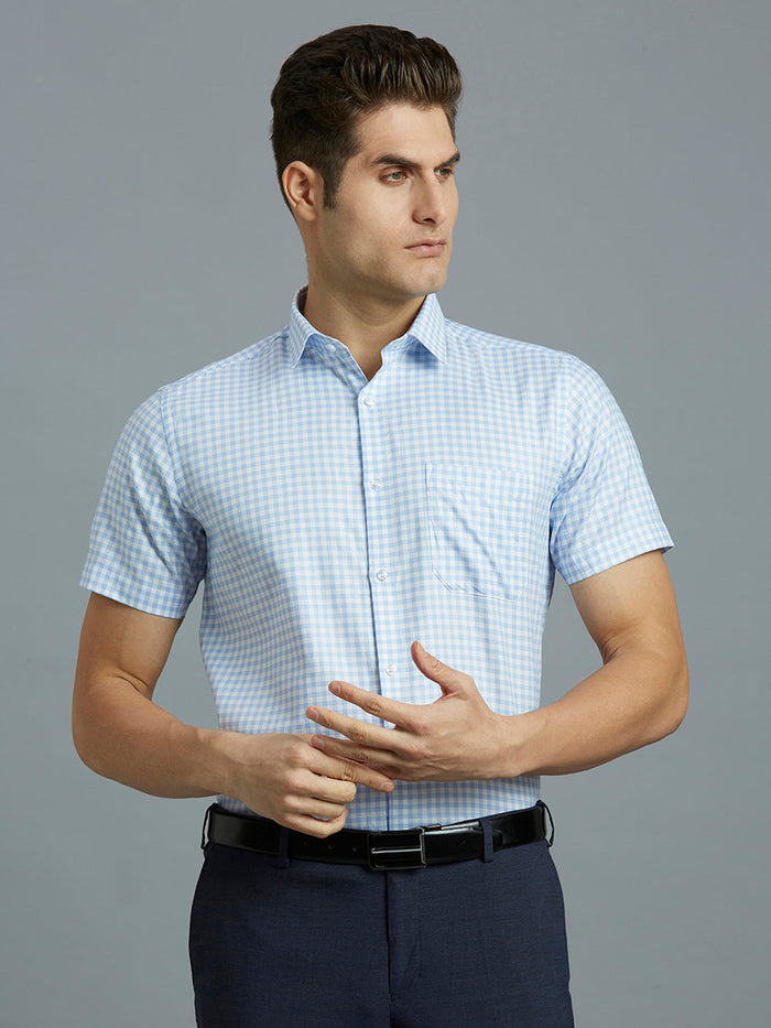Men's Pure Cotton Checks Regular Fit Half Sleeve Formal Shirt - White & Blue